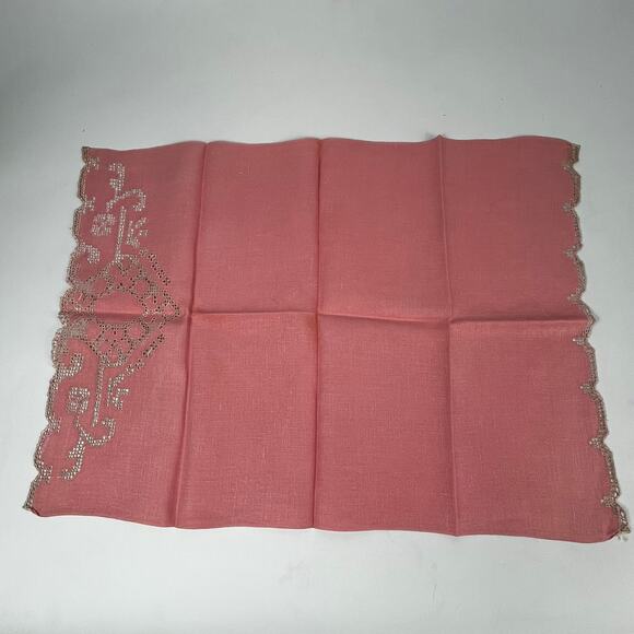 Vtg Pink Tea Towel Embroidered Lace Scrollwork 19x14 Large Table Doily Linens - Picture 2 of 7